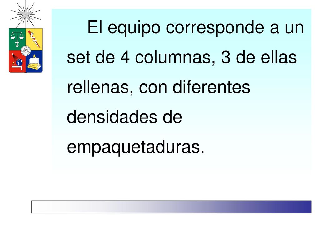 El equipo corresponde a un set de 4 columnas, 3 de ellas rellenas, con diferentes densidades de empaquetaduras.