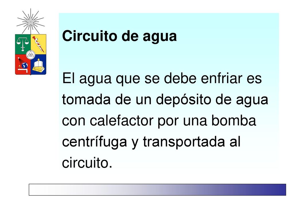 Circuito de agua El agua que se debe enfriar es tomada de un depósito de agua con calefactor por una bomba centrífuga y transportada al circuito.