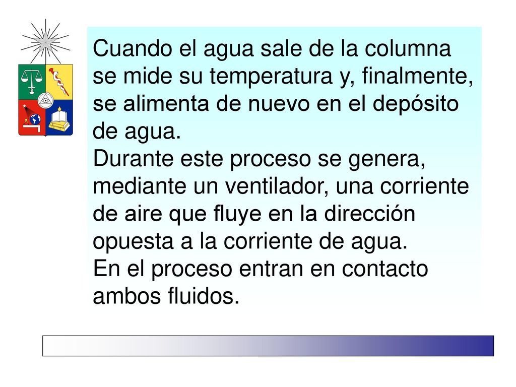 Cuando el agua sale de la columna se mide su temperatura y, finalmente, se alimenta de nuevo en el depósito de agua.