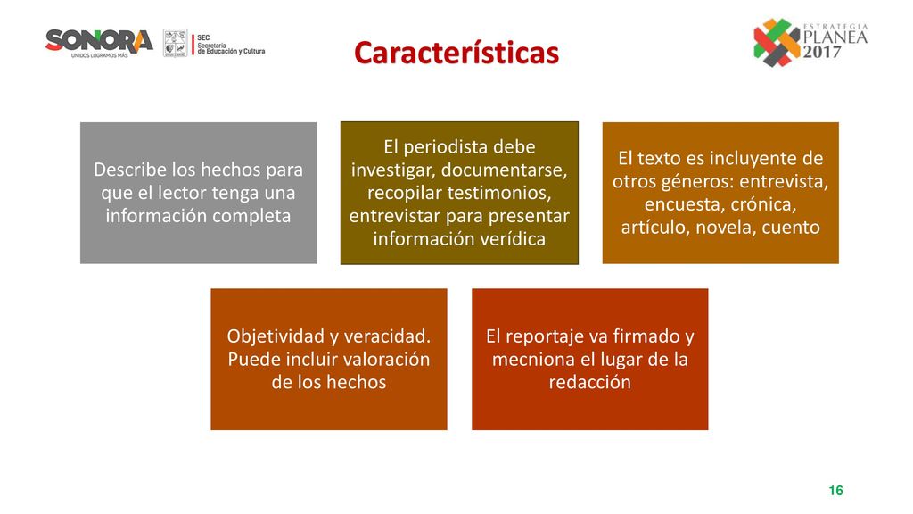 Características Describe los hechos para que el lector tenga una información completa.