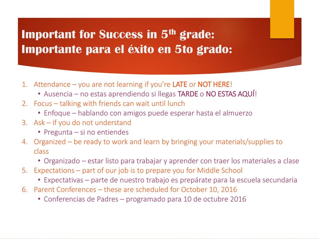 Important for Success in 5th grade: Importante para el éxito en 5to grado: