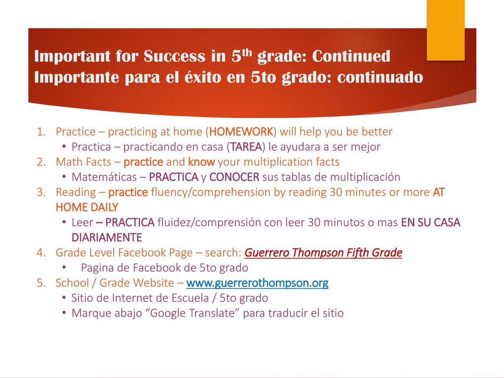 Important for Success in 5th grade: Continued Importante para el éxito en 5to grado: continuado