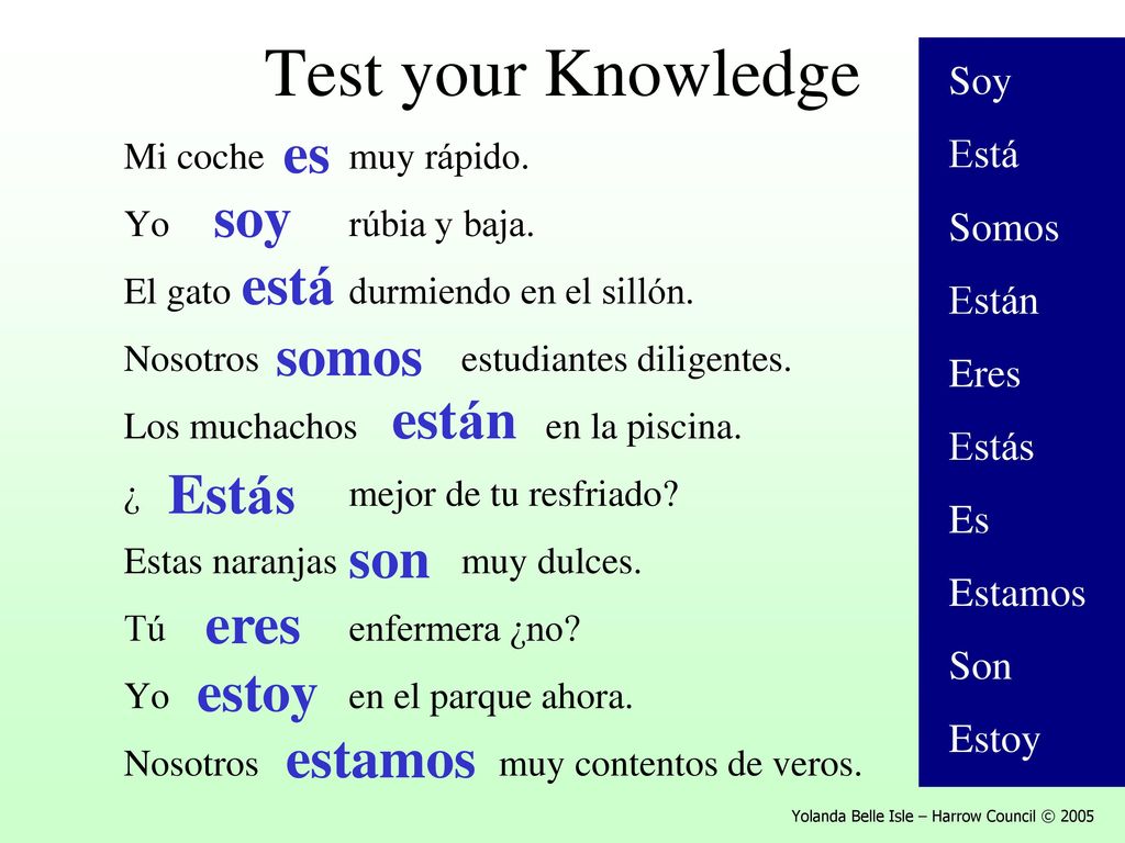Test your Knowledge es soy está somos están Estás son eres estoy