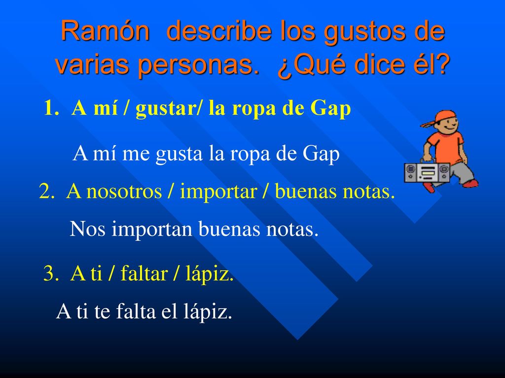 Ramón describe los gustos de varias personas. ¿Qué dice él