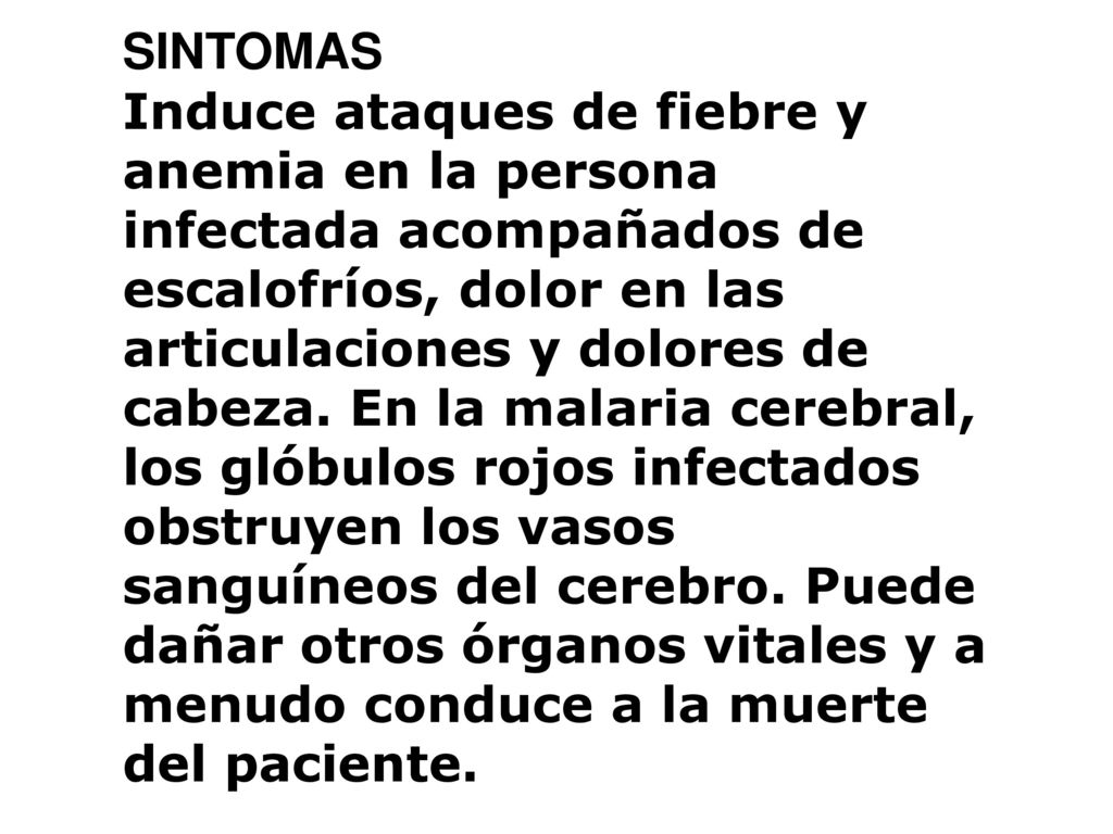 SINTOMAS Induce ataques de fiebre y anemia en la persona infectada acompañados de escalofríos, dolor en las articulaciones y dolores de cabeza.