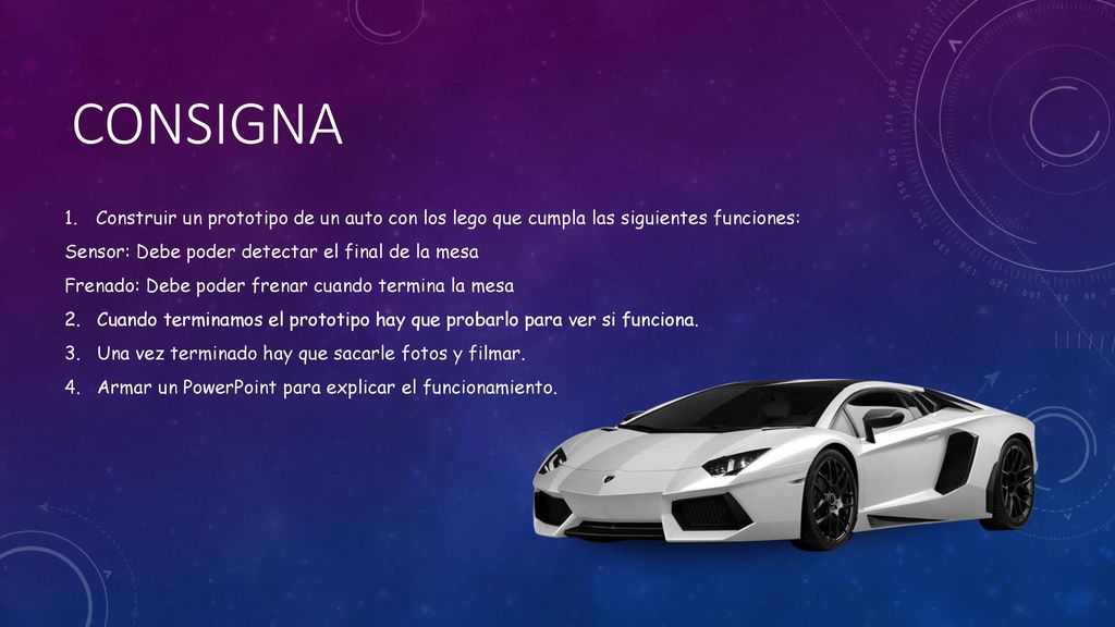 Consigna Construir un prototipo de un auto con los lego que cumpla las siguientes funciones: Sensor: Debe poder detectar el final de la mesa.