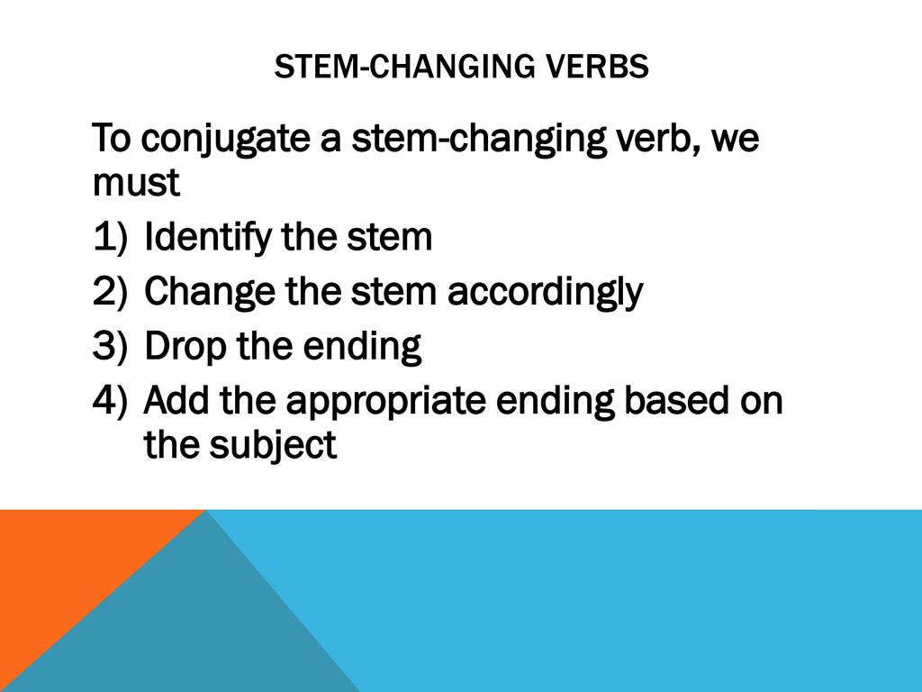 To conjugate a stem-changing verb, we must Identify the stem
