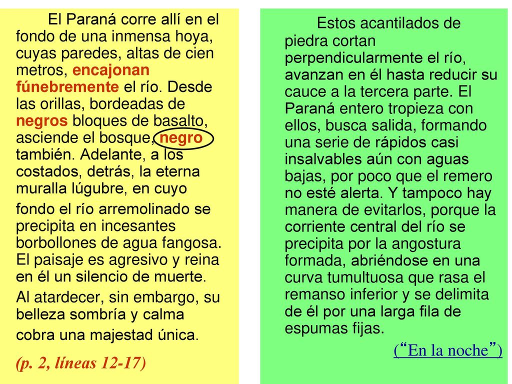 El Paraná corre allí en el fondo de una inmensa hoya, cuyas paredes, altas de cien metros, encajonan fúnebremente el río. Desde las orillas, bordeadas de negros bloques de basalto, asciende el bosque, negro también. Adelante, a los costados, detrás, la eterna muralla lúgubre, en cuyo