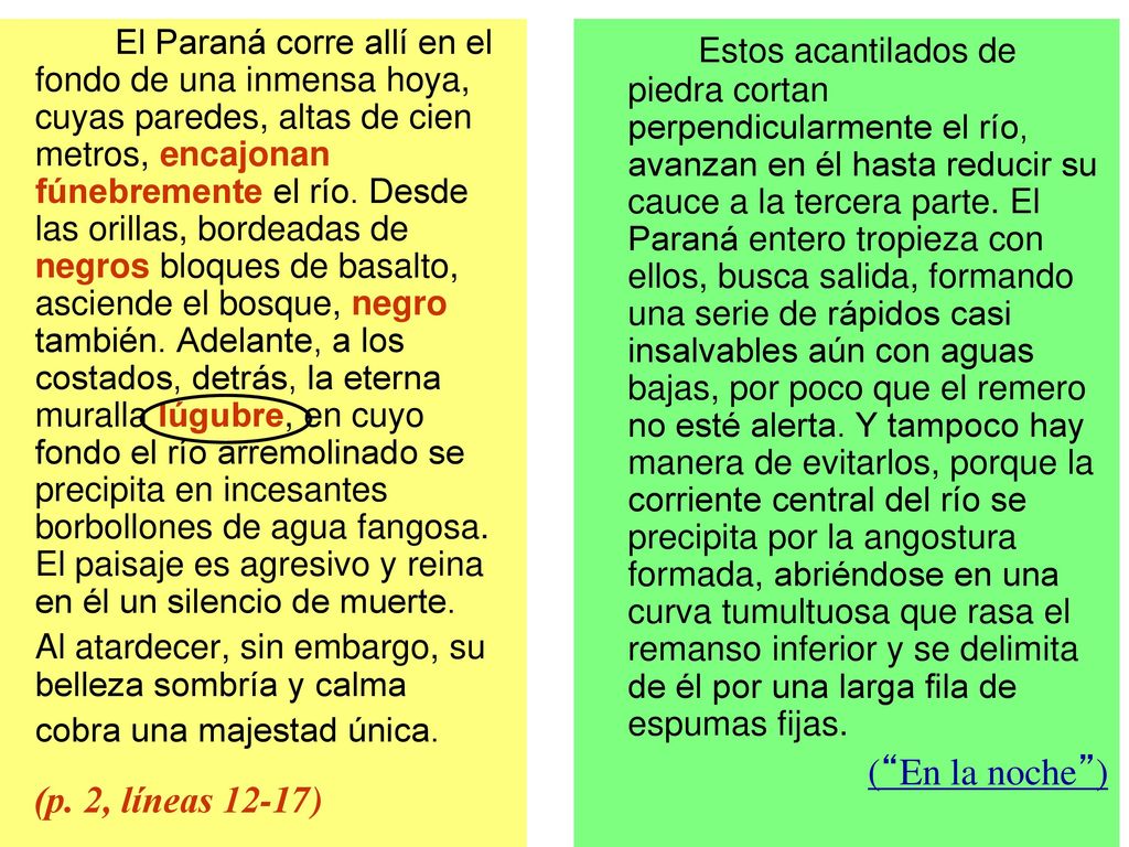 El Paraná corre allí en el fondo de una inmensa hoya, cuyas paredes, altas de cien metros, encajonan fúnebremente el río. Desde las orillas, bordeadas de negros bloques de basalto, asciende el bosque, negro también. Adelante, a los costados, detrás, la eterna muralla lúgubre, en cuyo fondo el río arremolinado se precipita en incesantes borbollones de agua fangosa. El paisaje es agresivo y reina en él un silencio de muerte.