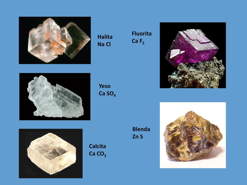 Fluorita Ca F2 Halita Na Cl Yeso Ca SO4 Blenda Zn S Calcita Ca CO3