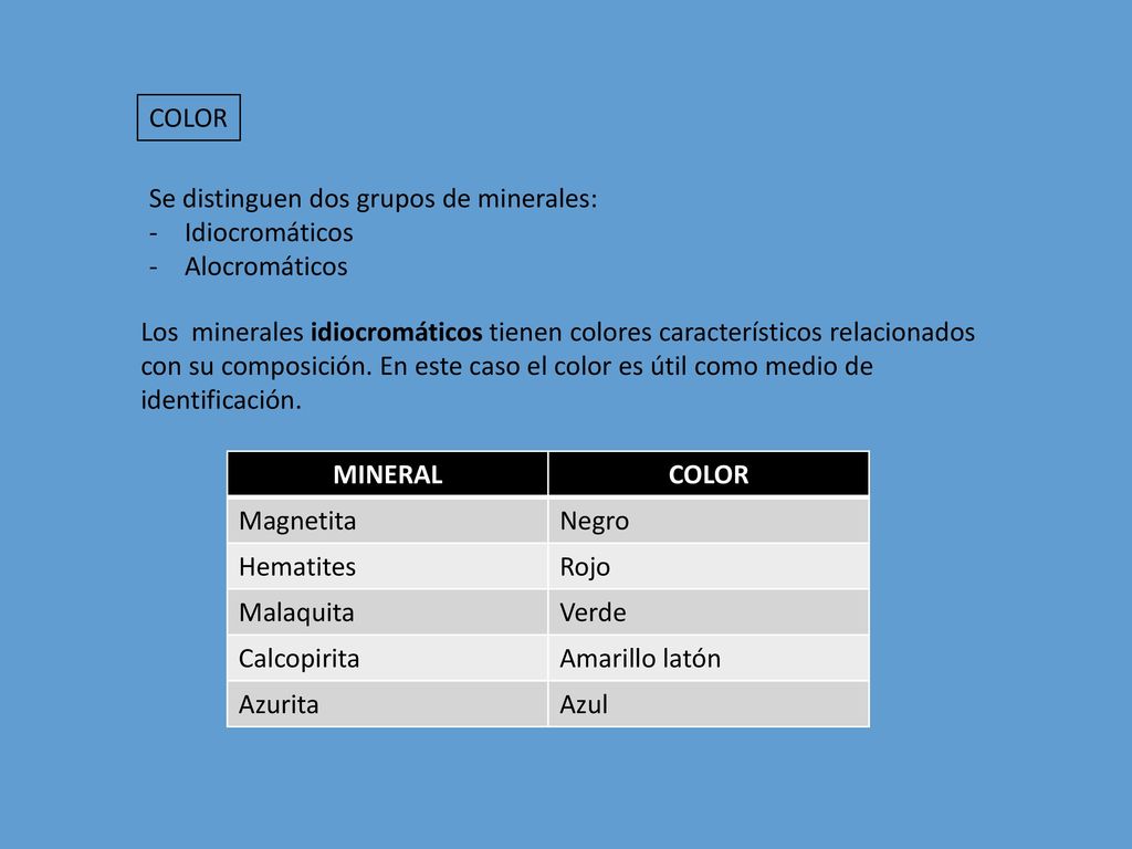 COLOR Se distinguen dos grupos de minerales: Idiocromáticos. Alocromáticos.