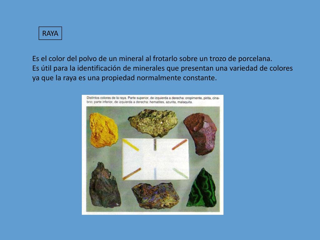 RAYA Es el color del polvo de un mineral al frotarlo sobre un trozo de porcelana.