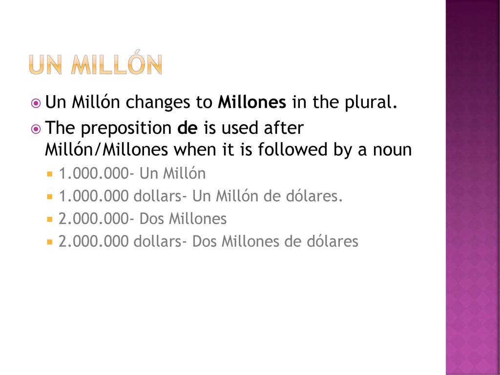 UN MILLóN Un Millón changes to Millones in the plural.