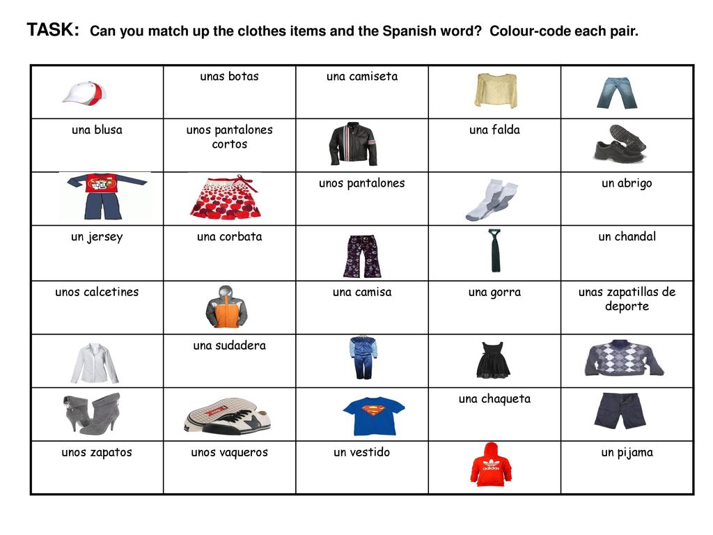 TASK: Can you match up the clothes items and the Spanish word