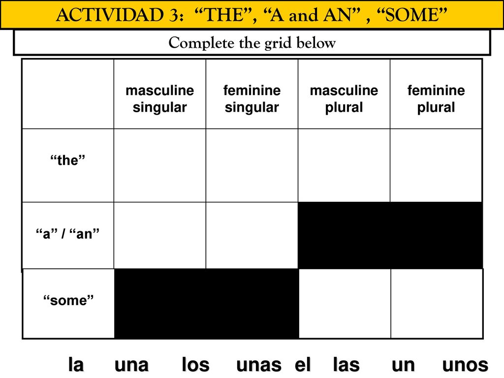 ACTIVIDAD 3: THE , A and AN , SOME Complete the grid below