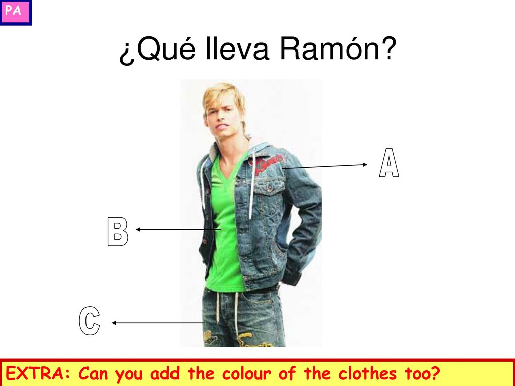 PA ¿Qué lleva Ramón A B C EXTRA: Can you add the colour of the clothes too