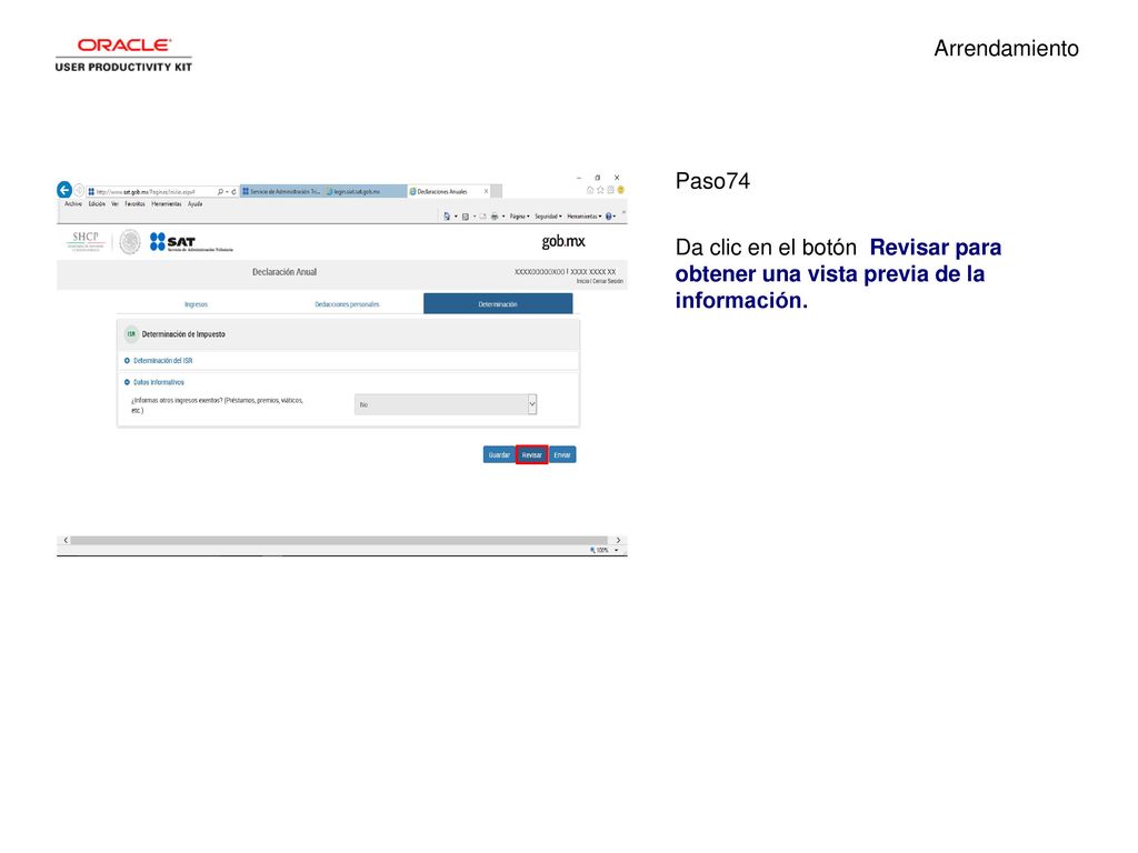 Arrendamiento Paso74 Da clic en el botón Revisar para obtener una vista previa de la información.