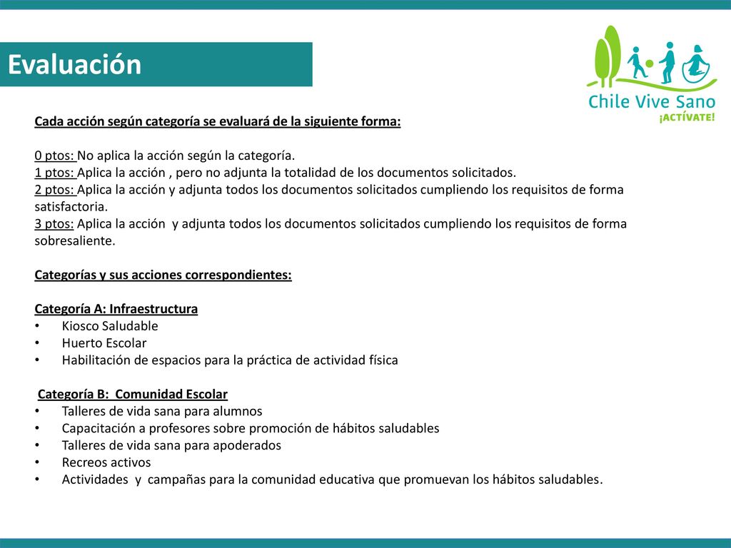 Evaluación Cada acción según categoría se evaluará de la siguiente forma: 0 ptos: No aplica la acción según la categoría.