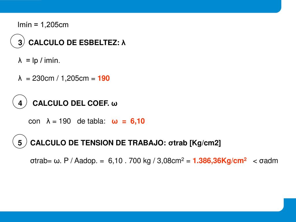 Imín = 1,205cm 3 CALCULO DE ESBELTEZ: λ. λ = lp / imín. λ = 230cm / 1,205cm = CALCULO DEL COEF. ω.