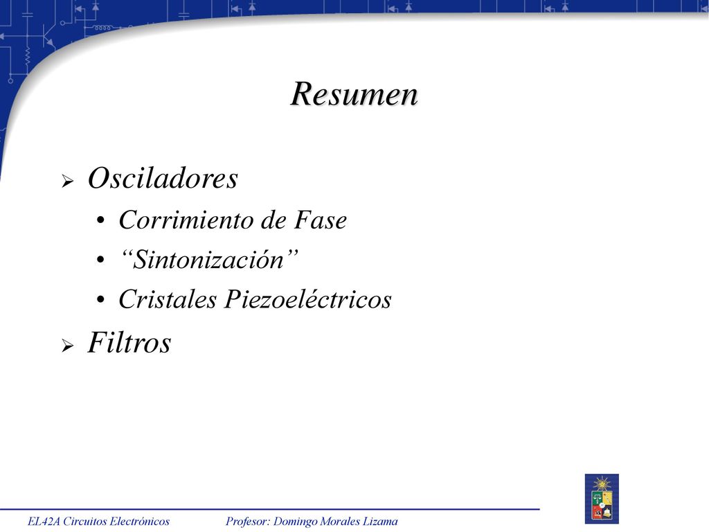Resumen Osciladores Filtros Corrimiento de Fase Sintonización
