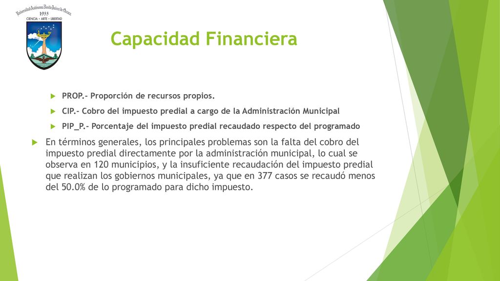Capacidad Financiera PROP.- Proporción de recursos propios. CIP.- Cobro del impuesto predial a cargo de la Administración Municipal.