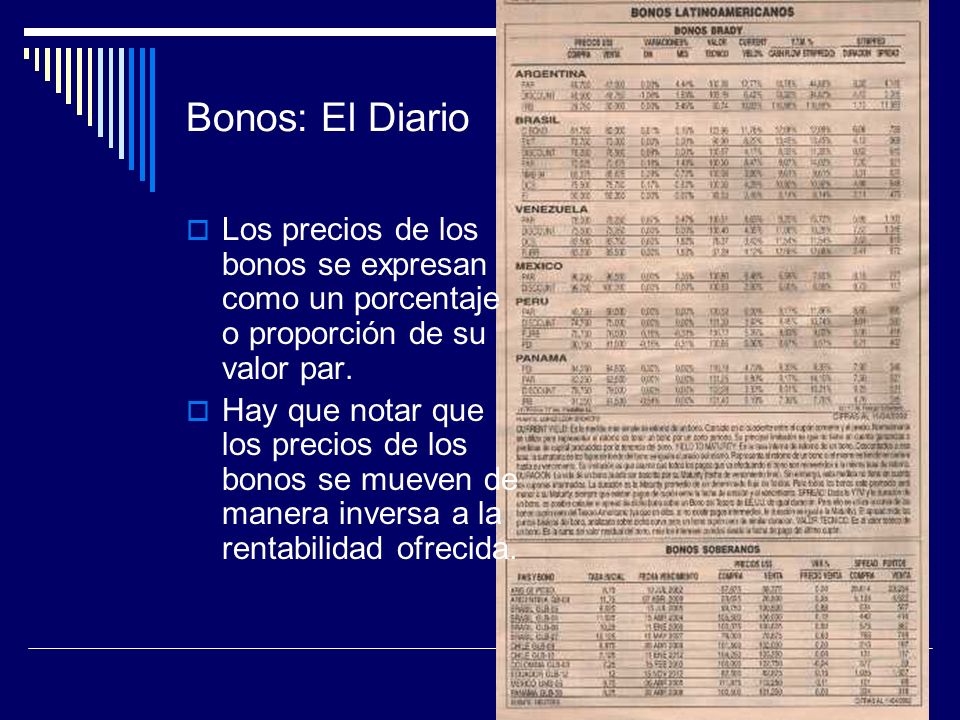 Bonos: El Diario Los precios de los bonos se expresan como un porcentaje o proporción de su valor par.