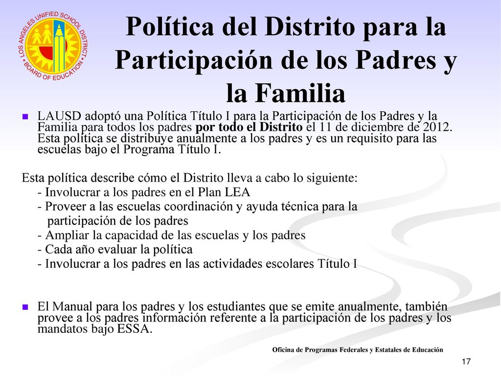 Política del Distrito para la Participación de los Padres y la Familia