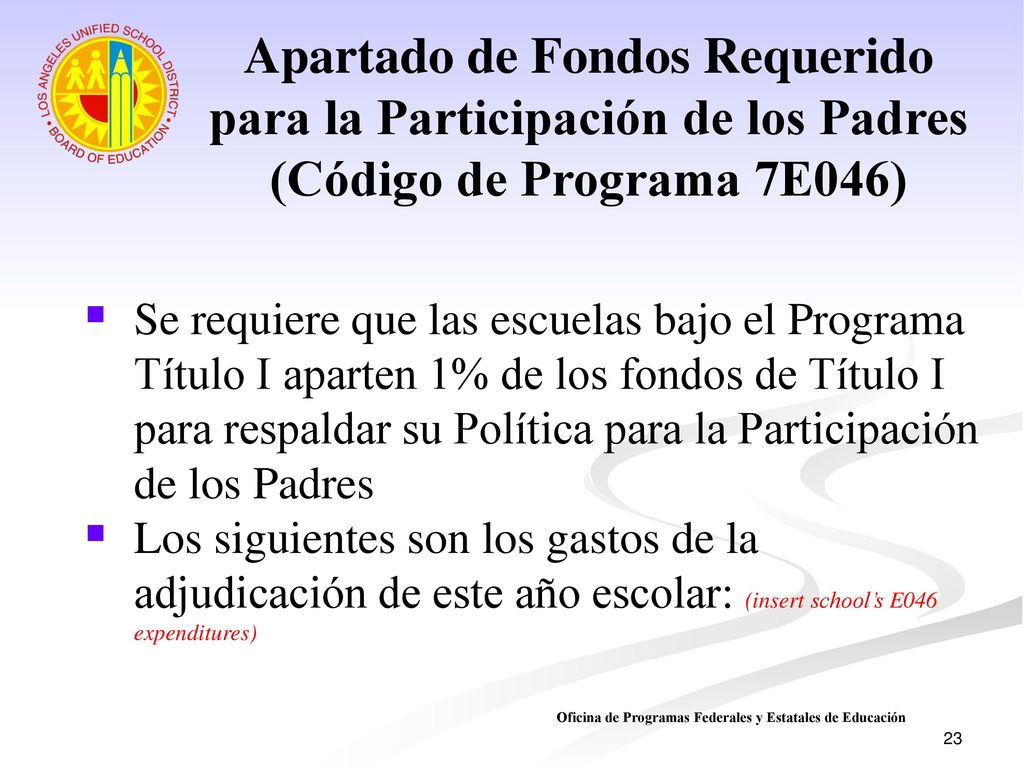Apartado de Fondos Requerido para la Participación de los Padres