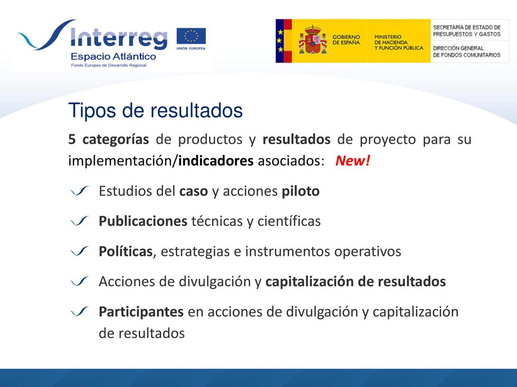 Tipos de resultados 5 categorías de productos y resultados de proyecto para su implementación/indicadores asociados: New!