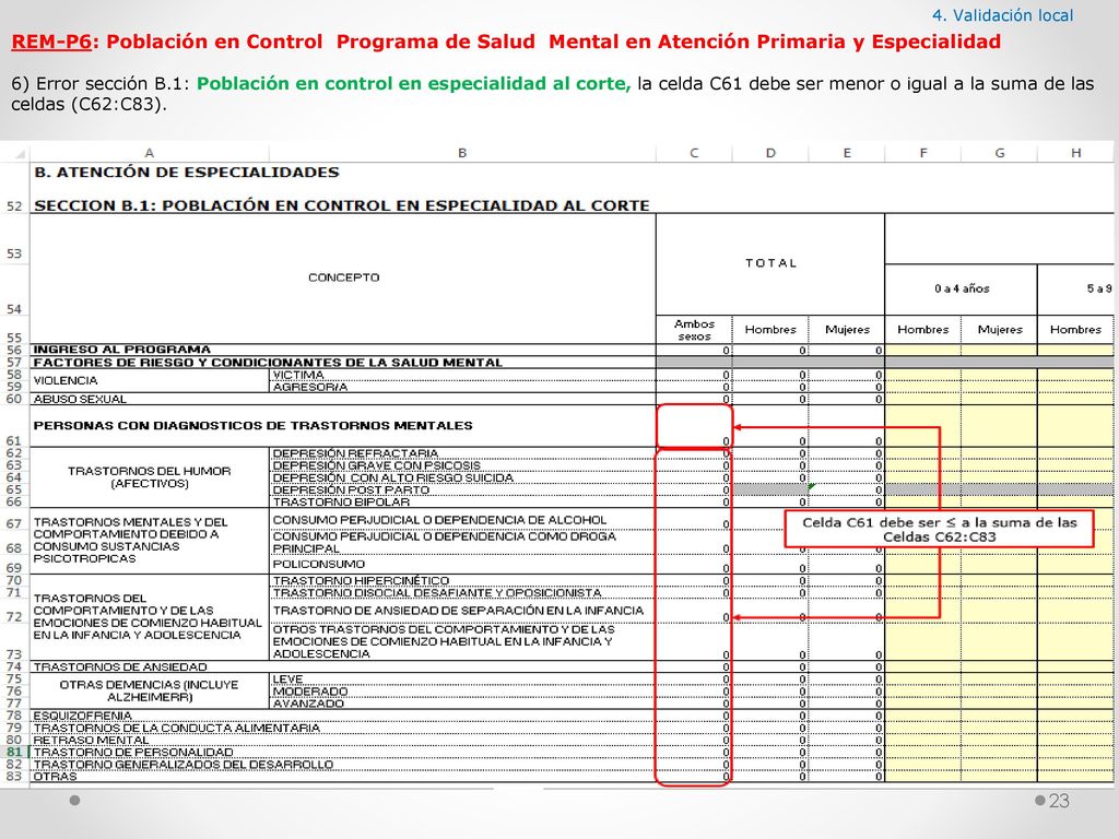 4. Validación local REM-P6: Población en Control Programa de Salud Mental en Atención Primaria y Especialidad.