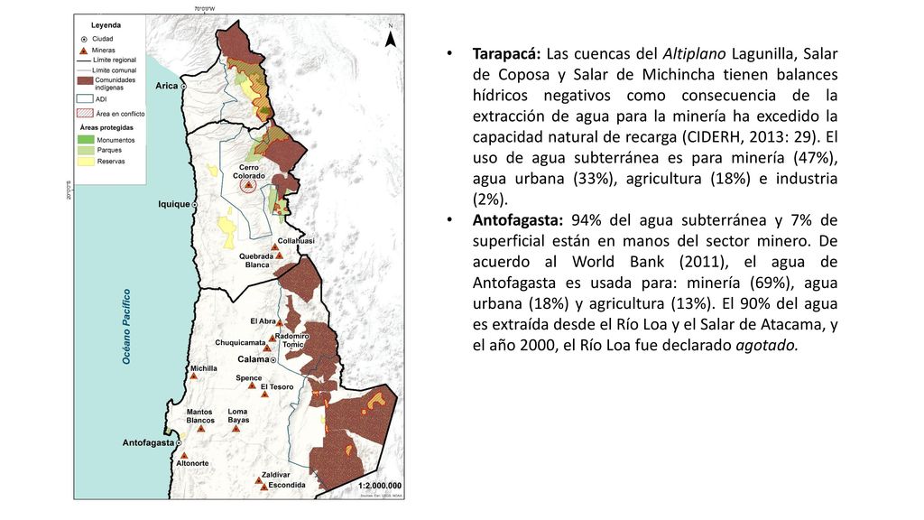 Tarapacá: Las cuencas del Altiplano Lagunilla, Salar de Coposa y Salar de Michincha tienen balances hídricos negativos como consecuencia de la extracción de agua para la minería ha excedido la capacidad natural de recarga (CIDERH, 2013: 29). El uso de agua subterránea es para minería (47%), agua urbana (33%), agricultura (18%) e industria (2%).