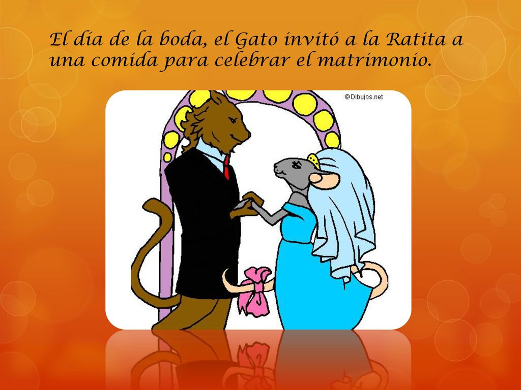 El día de la boda, el Gato invitó a la Ratita a una comida para celebrar el matrimonio.
