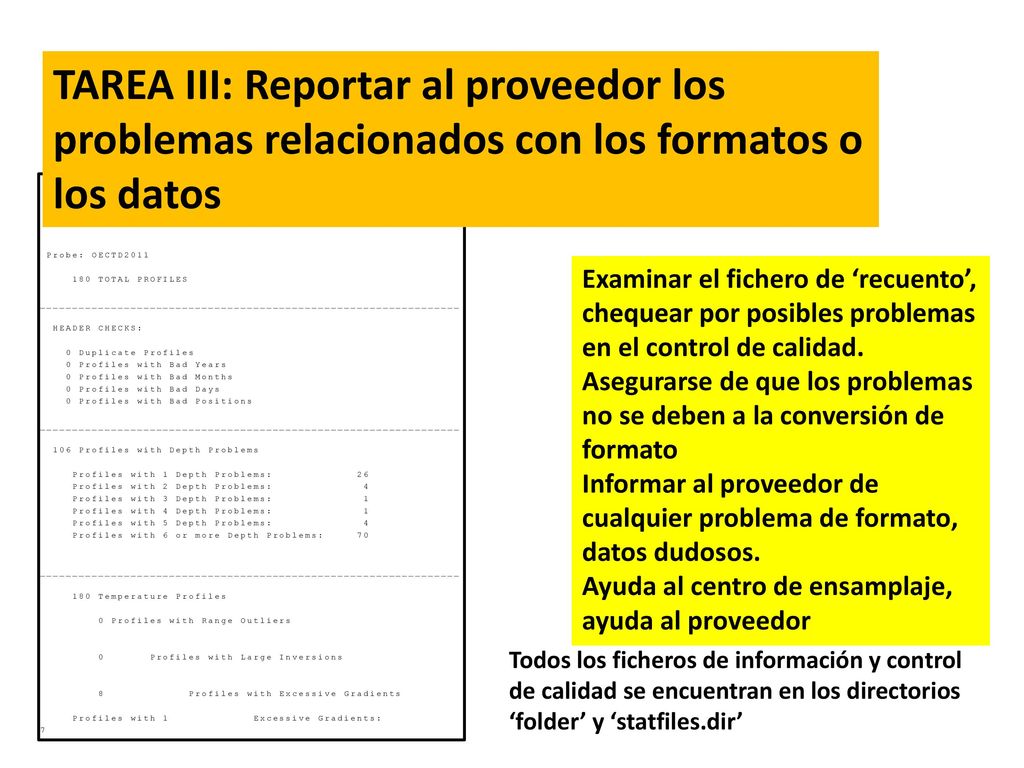 TAREA III: Reportar al proveedor los problemas relacionados con los formatos o los datos