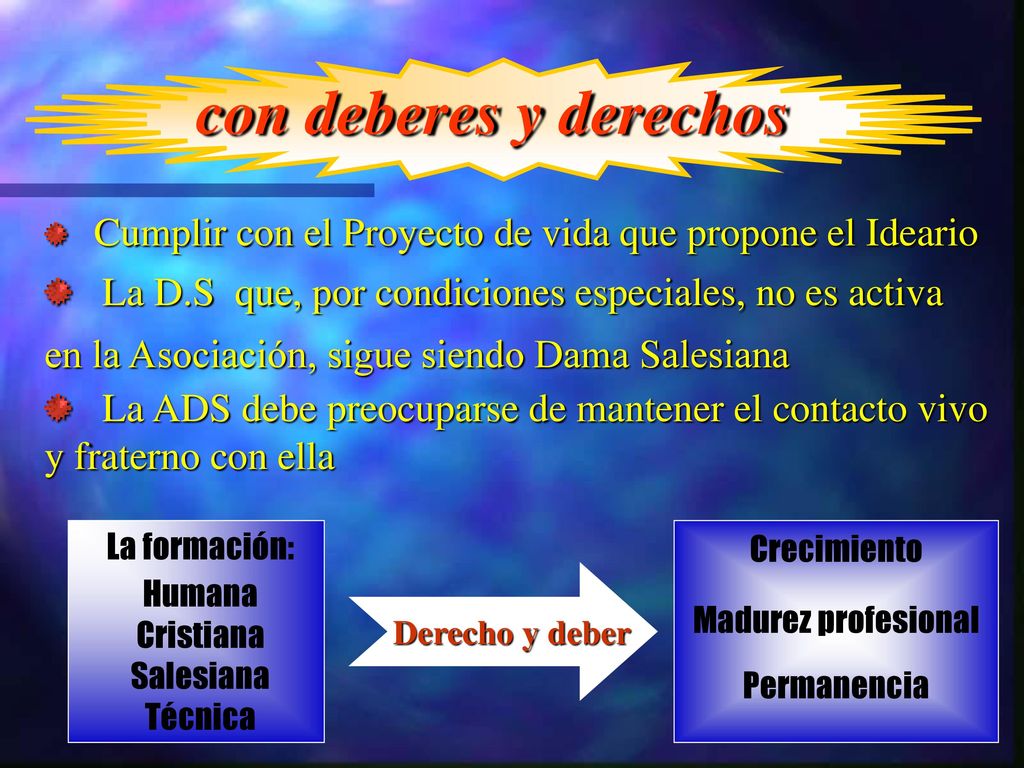 con deberes y derechos Cumplir con el Proyecto de vida que propone el Ideario.