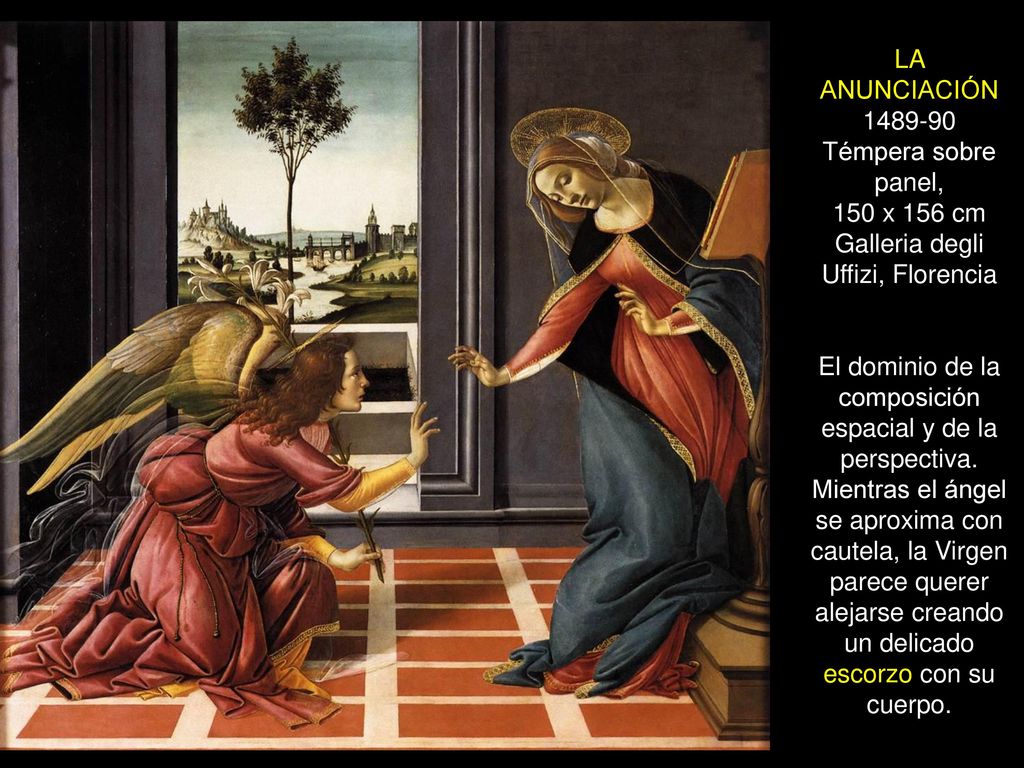 LA ANUNCIACIÓN Témpera sobre panel, 150 x 156 cm Galleria degli Uffizi, Florencia El dominio de la composición espacial y de la perspectiva.