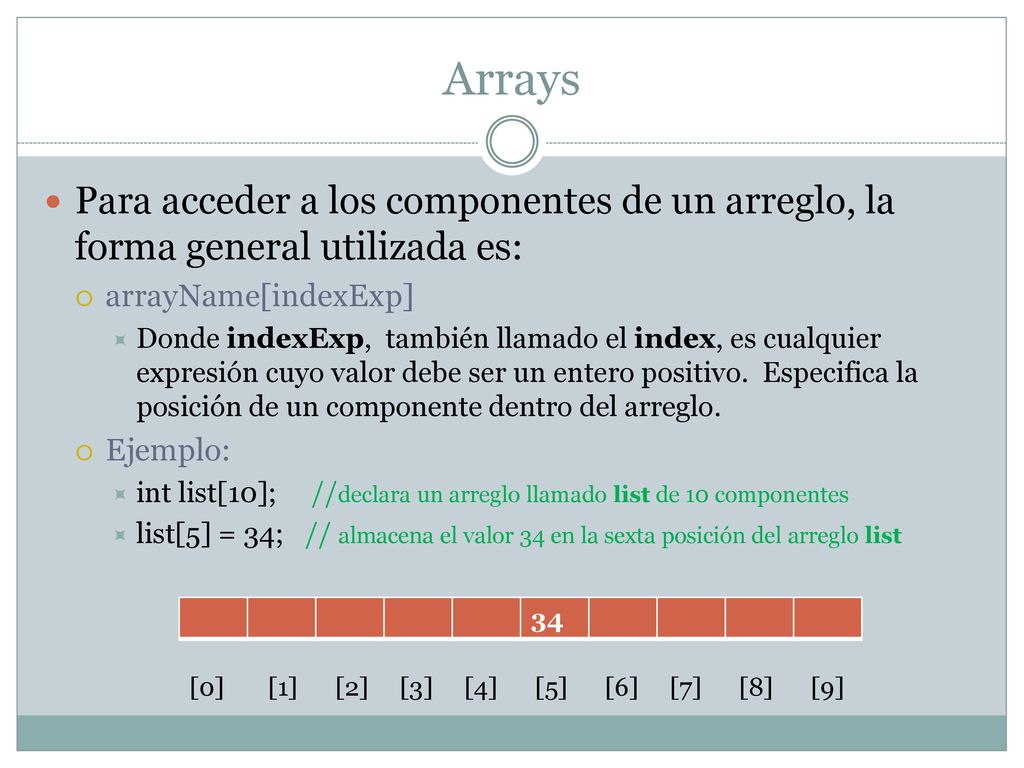 Arrays Para acceder a los componentes de un arreglo, la forma general utilizada es: arrayName[indexExp]