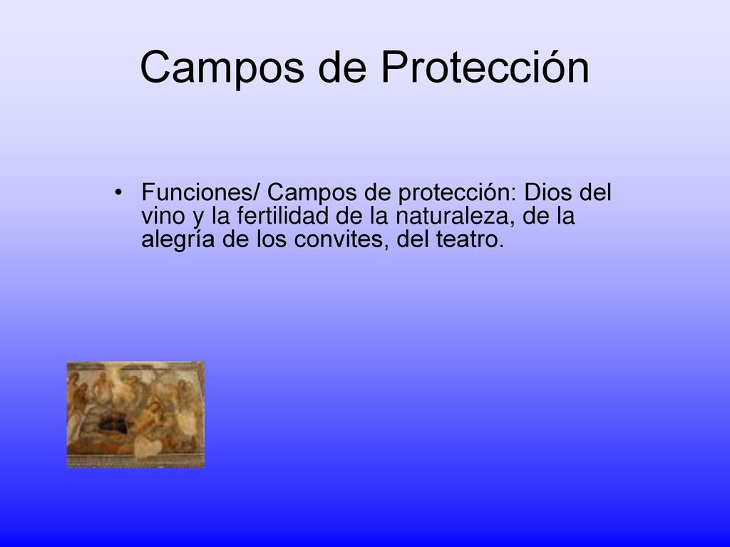 Campos de Protección Funciones/ Campos de protección: Dios del vino y la fertilidad de la naturaleza, de la alegría de los convites, del teatro.