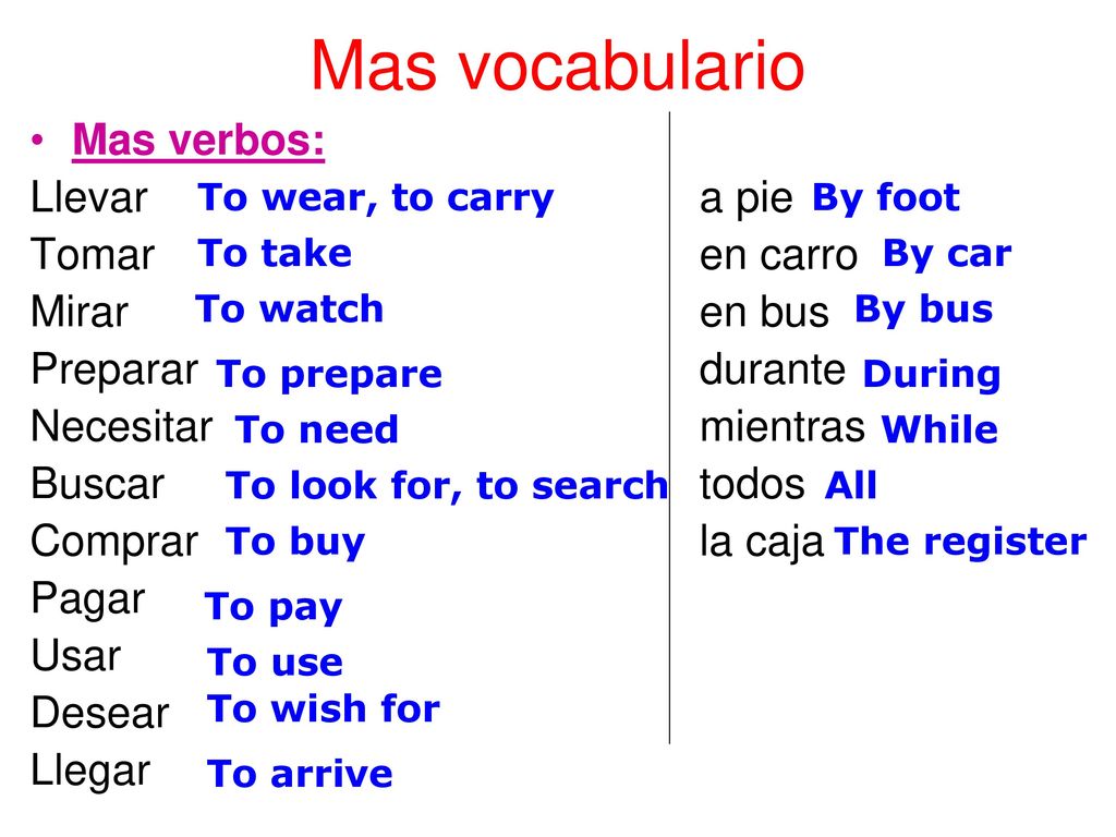 Mas vocabulario Mas verbos: Llevar a pie Tomar en carro Mirar en bus