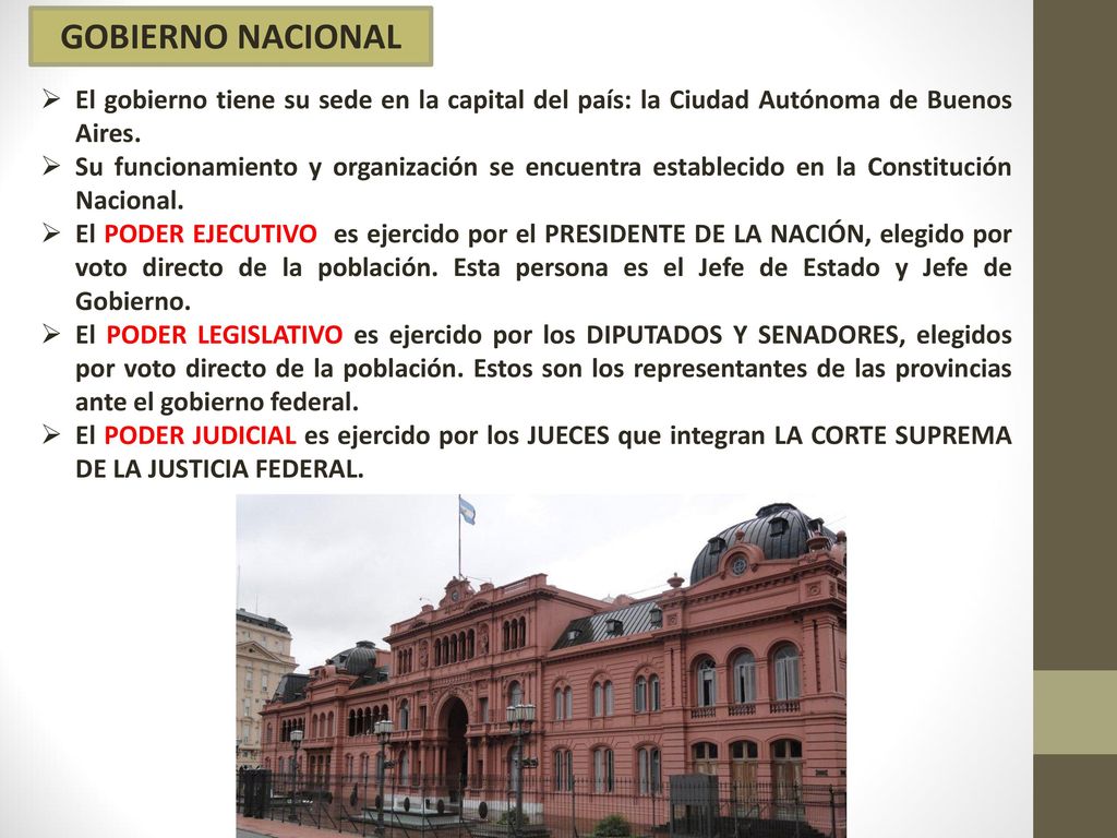 GOBIERNO NACIONAL El gobierno tiene su sede en la capital del país: la Ciudad Autónoma de Buenos Aires.