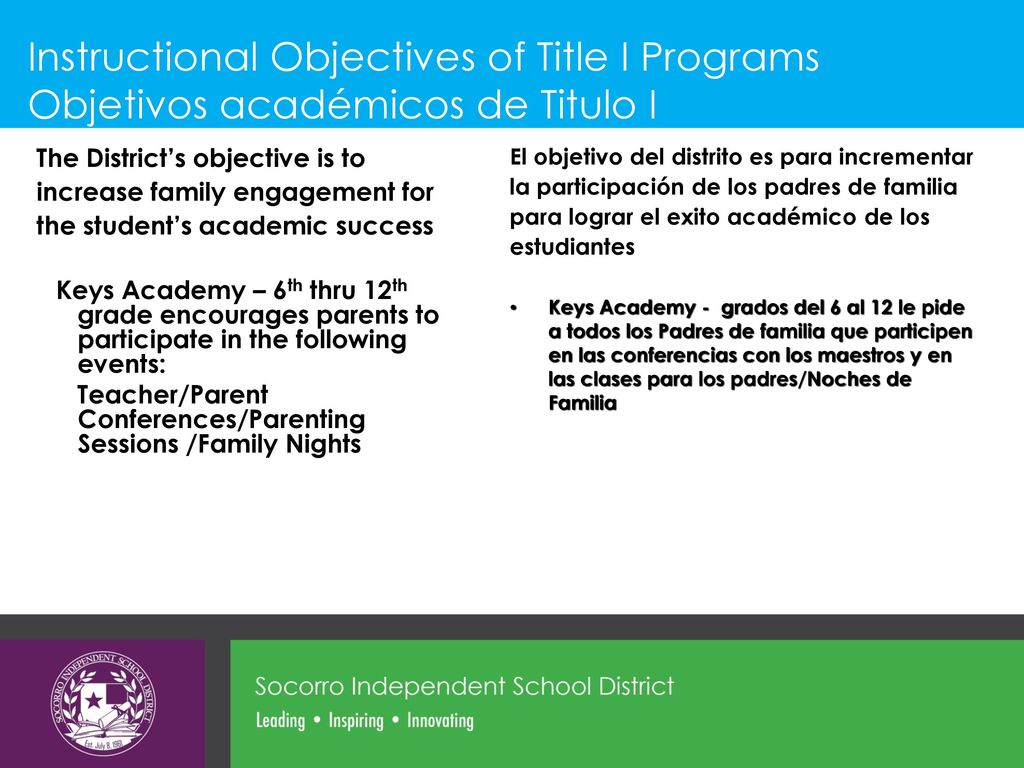 Instructional Objectives of Title I Programs Objetivos académicos de Titulo I