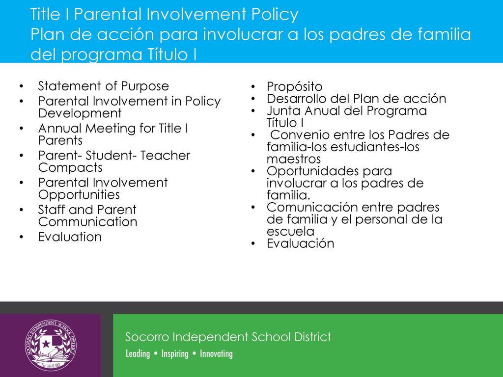 Title I Parental Involvement Policy Plan de acción para involucrar a los padres de familia del programa Título I