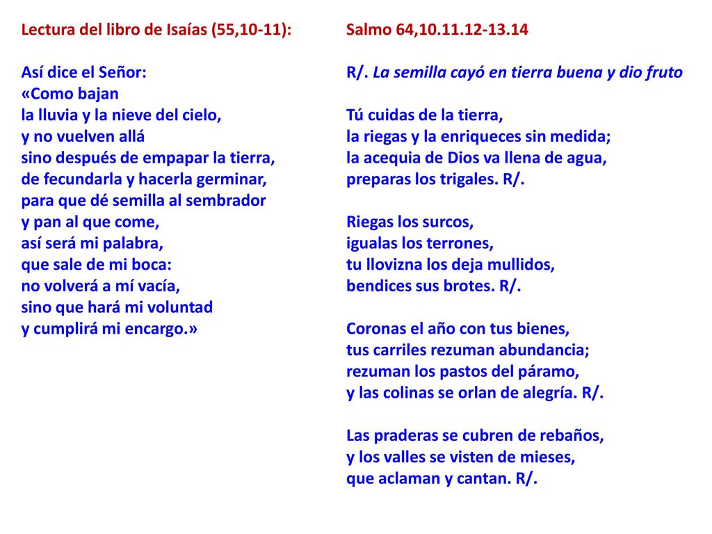 Lectura del libro de Isaías (55,10-11): Así dice el Señor: