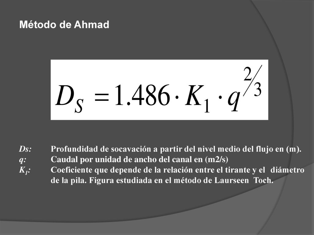 Método de Ahmad Ds: Profundidad de socavación a partir del nivel medio del flujo en (m). q: Caudal por unidad de ancho del canal en (m2/s)