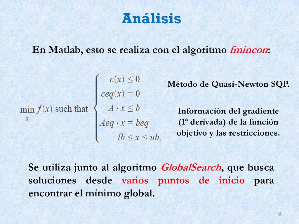 Análisis En Matlab, esto se realiza con el algoritmo fmincon: