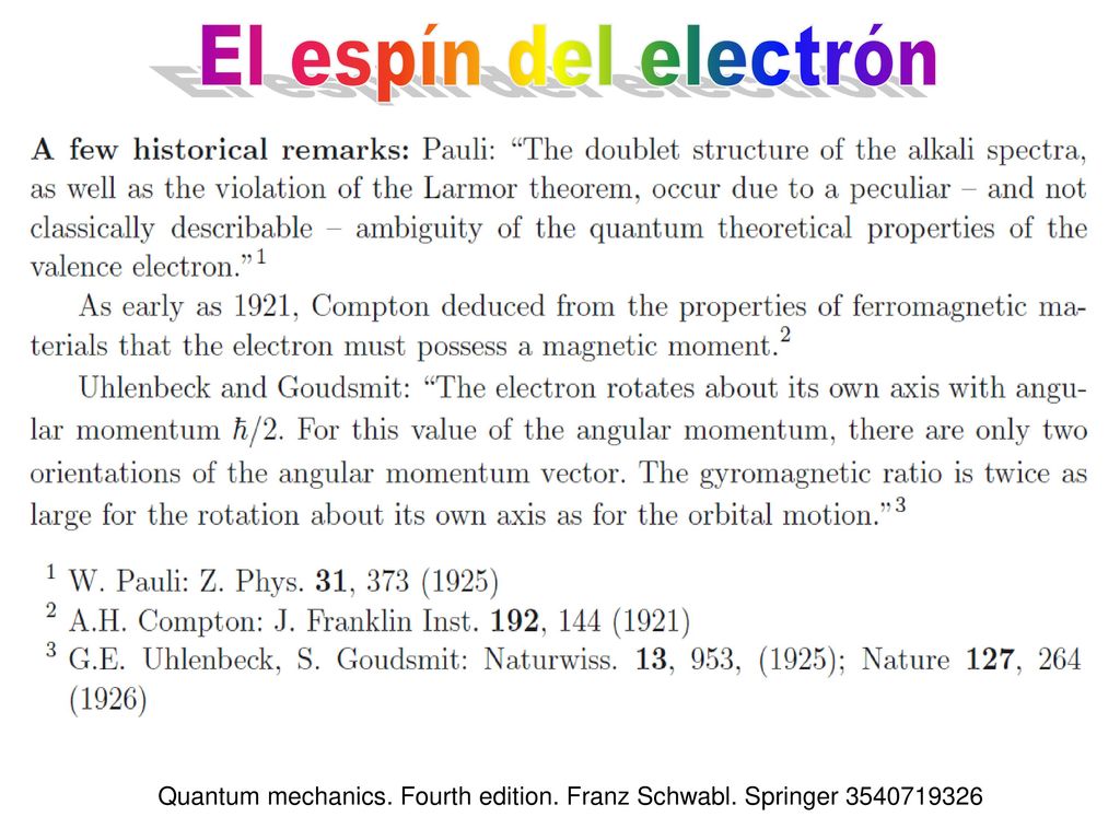 El espín del electrón Quantum mechanics. Fourth edition. Franz Schwabl. Springer