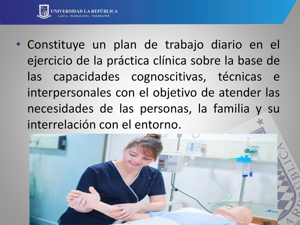 Constituye un plan de trabajo diario en el ejercicio de la práctica clínica sobre la base de las capacidades cognoscitivas, técnicas e interpersonales con el objetivo de atender las necesidades de las personas, la familia y su interrelación con el entorno.