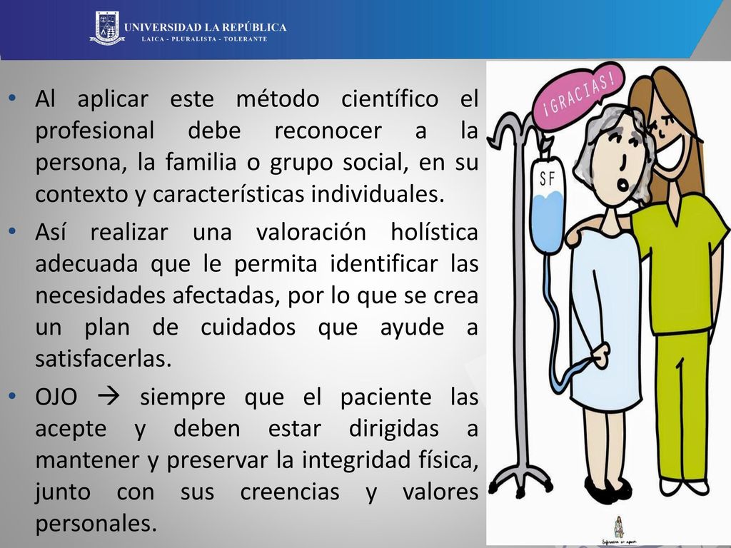 Al aplicar este método científico el profesional debe reconocer a la persona, la familia o grupo social, en su contexto y características individuales.
