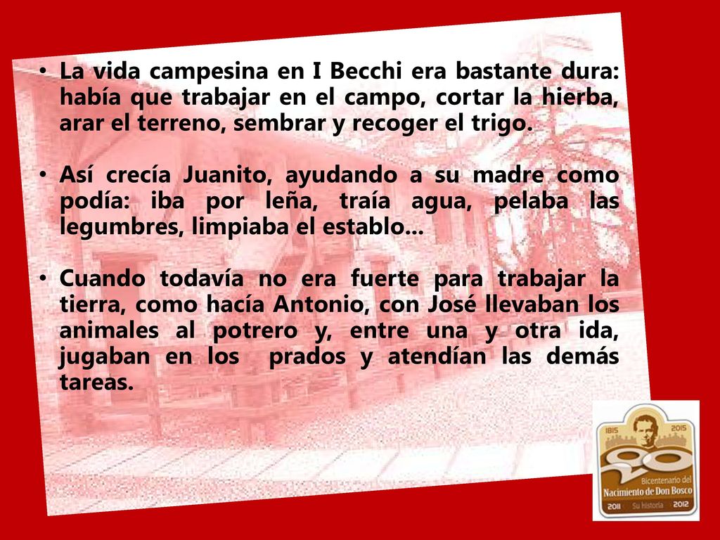 La vida campesina en I Becchi era bastante dura: había que trabajar en el campo, cortar la hierba, arar el terreno, sembrar y recoger el trigo.