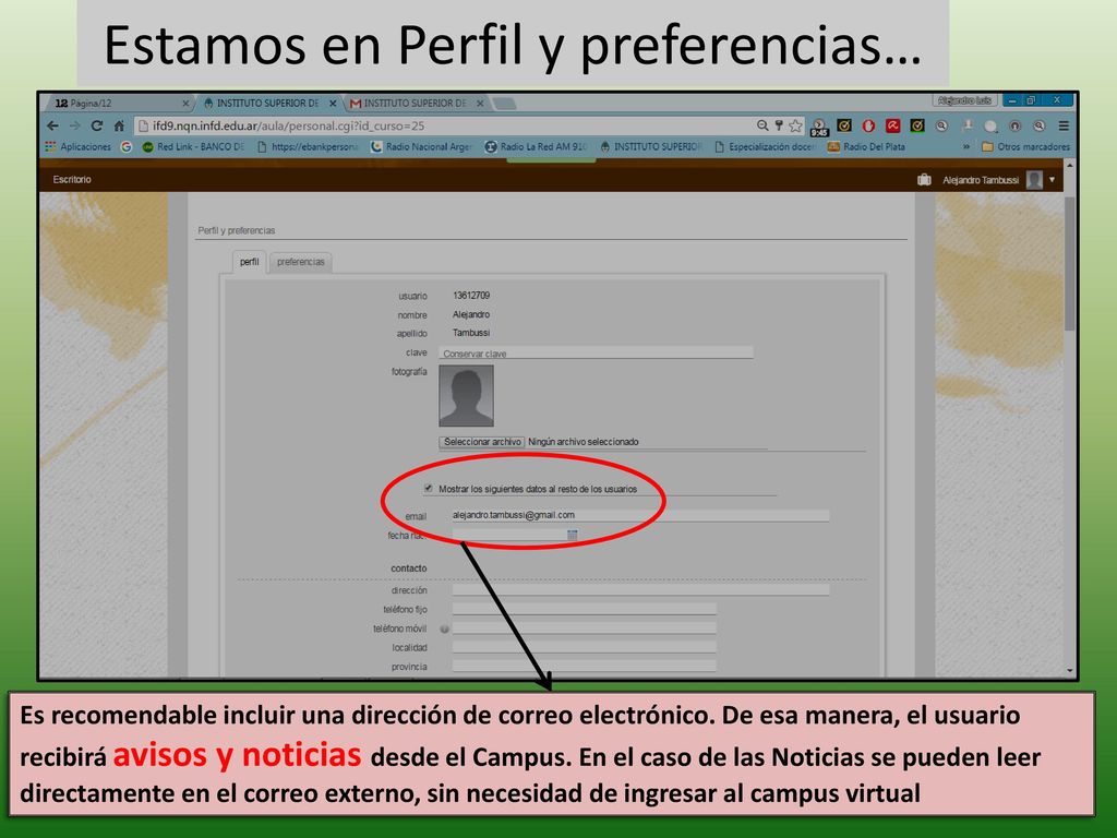 Ingresando aquí cada usuario personaliza sus datos (cambio de clave, de mail, agregar una foto, etc.) o Cierra sesión al salir (recomendado)