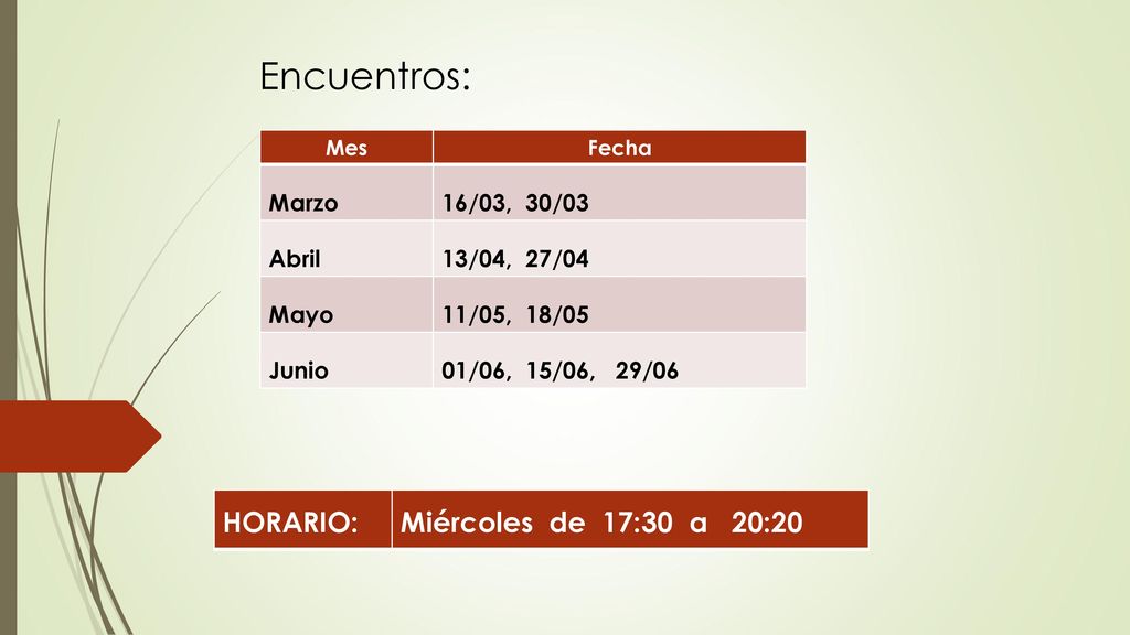 Encuentros: HORARIO: Miércoles de 17:30 a 20:20 Marzo 16/03, 30/03